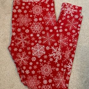 Red and White Lularoe Snowflake Leggings - TC